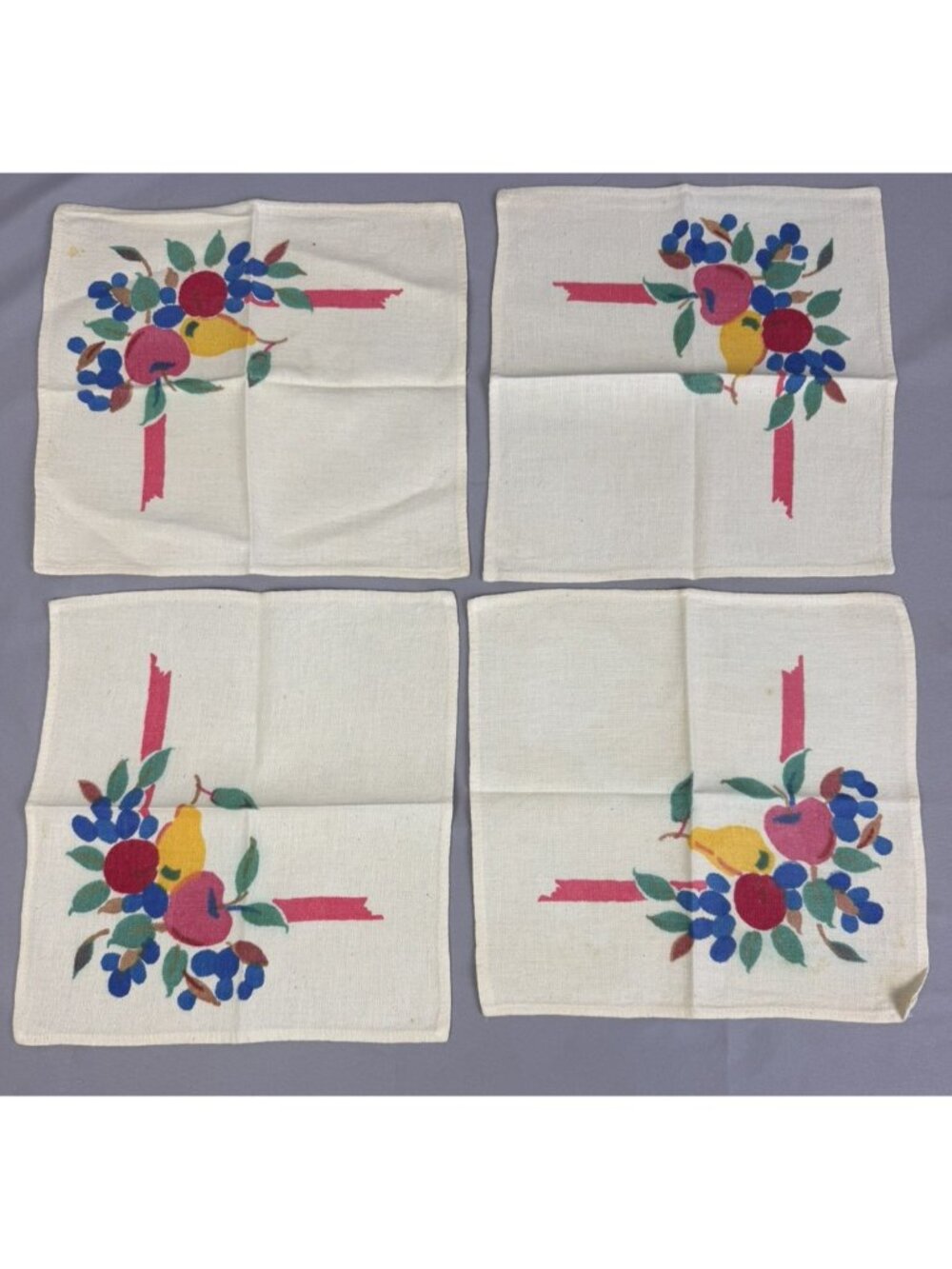 Vintage 1950s Antique White Linen Napkin Set of 4 Fruit Print 11" Cottage Farm